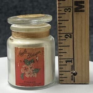 Vtg Pinaud Apple Blossom Sachet Mini Glass Jar & Lid 80% Full Colorful Label USA